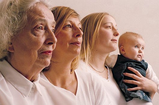Family MODEL RELEASED. Family. Profile of four female generations of a family, from the great- grandmother at far left to great-granddaughter at far right.