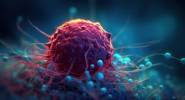 A cancer cell with a yellow glow, Concept of cancer cell attacking body cell. Generative AI. A cancer cell with a yellow glow, Concept of cancer cell attacking body cell. Generative AI.