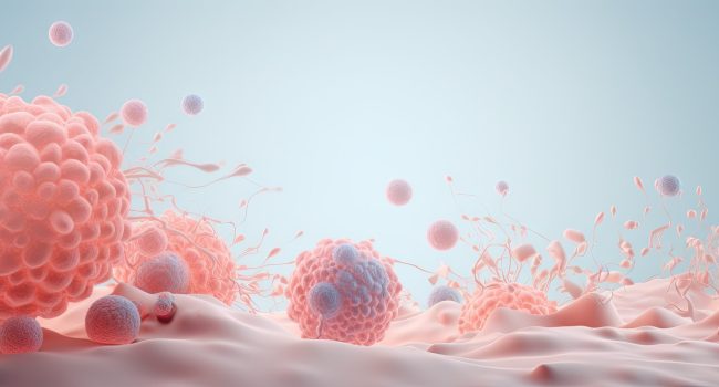A 3D rendering shows a blue and pink substance floating in the air, representing an oncology treatment designed to kill cancer cells. A 3D rendering shows a blue and pink substance floating in the air, representing an oncology treatment designed to kill cancer cells.