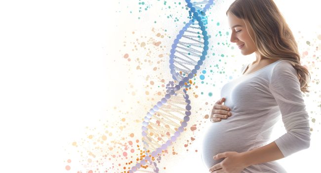 Pregnant woman and illustration of DNA structure on white background, closeup Pregnant woman and illustration of DNA structure on white background, closeup